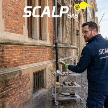 Scalp SAS specialist voert een professionele gevelreiniging en gevelrenovatie uit op een historische bakstenen muur.