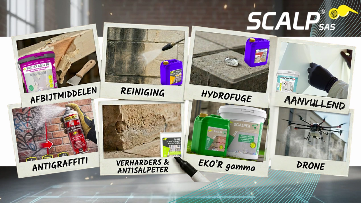 Overzicht van het Scalp productgamma voor industriële reiniging, ontvetting en oppervlaktebehandeling.